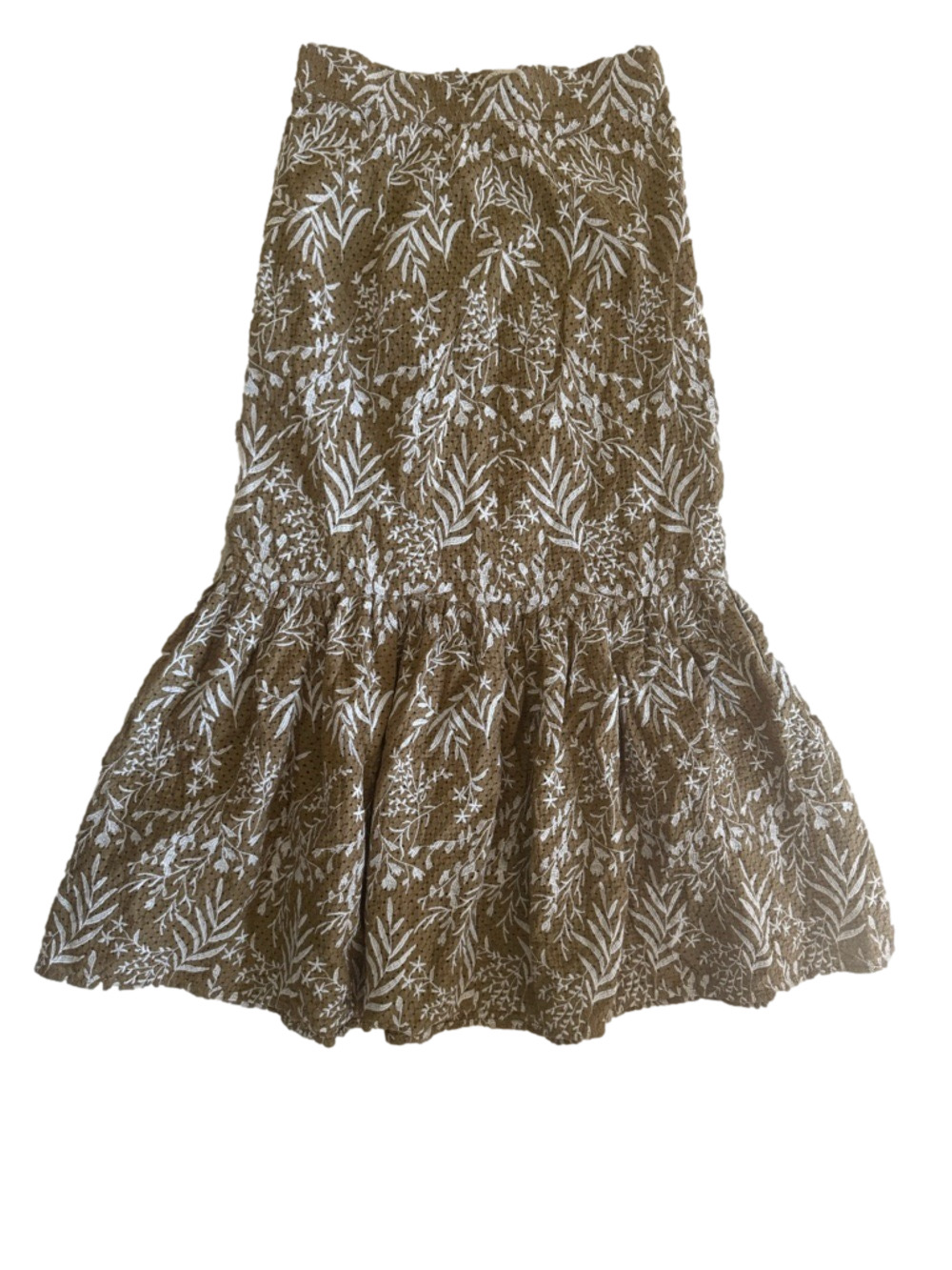Zara Olive Green Tropical Midi Skirt Boho Ruffled Tiered XS